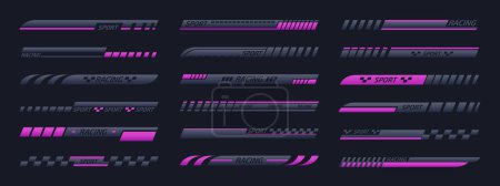 Illustration for Tuning racing stripes. Sport racing car or moto striped vehicle bars, motor boat tuning stickers flat vector illustration set. Extreme sport decals - Royalty Free Image