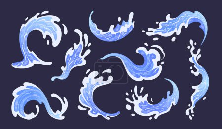 Ilustración de Salpicadura de agua limpia. Dibujos animados azul aqua splash, gotas de agua líquida, salpicaduras de agua transparentes conjunto de ilustración vector plano. Flujos de agua y recogida de olas - Imagen libre de derechos