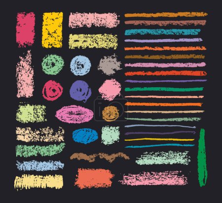 Illustration for Children's crayon strokes. Colorful chalk textures, bright chalk pencil strokes, pastel colors rough charcoal brush flat vector illustration set. Child's drawing chalk crayons elements - Royalty Free Image