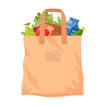 Eco grocery bag. Reusable shopping bag, no waste bag with groceries flat vector illustration. Zero waste textile shopping bag