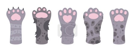 Fluffy cats paws. Hand drawn kitty paws, spotted and striped domestic animals feet, kitty cat paws flat vector illustration set. Cute kitten paws on white