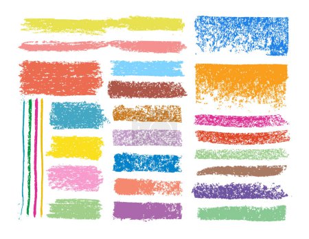 Téléchargez les illustrations : Crayons de craie colorés textures. Crayon pour enfants coups, couleurs pastel fusain brut, crayons de craie dessin pour enfants éléments plat vectoriel illustration ensemble. Crayon à craie brillant coups - en licence libre de droit