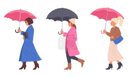 Illustration for Women under umbrella. Girls walking under rain, female characters holding umbrellas flat vector Illustration set. Ladies walk in rainy weather - Royalty Free Image