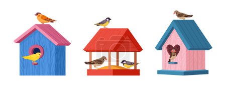 Illustration for Hand crafted bird houses. Cartoon wooden bird house, cute bird nests with feeder flat vector illustration. Colorful nesting birdhouses - Royalty Free Image