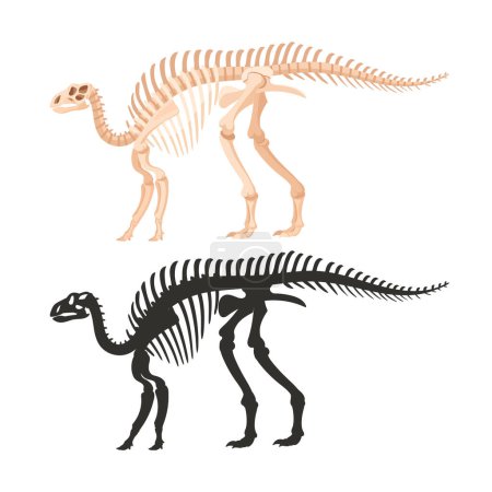 Iguanodon fossil silhouettes. Cartoon dinosaur skeleton, ancient ornithopod dinosaur, jurassic raptor bones flat vector illustration. Archaeological fossil skeletons