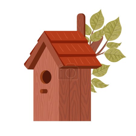 Ilustración de Casa de aves anidando. Nido de aves, casa de aves hecha a mano de madera, casa de aves con alimentador en la ilustración de vectores planos de roble. Caricatura pajarera - Imagen libre de derechos