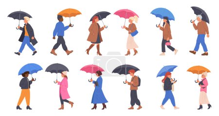 Téléchargez les illustrations : Des gens marchant sous un parapluie. Personnages sous la pluie avec parapluies, ensemble d'illustrations vectorielles plates de la saison des pluies. Hommes et femmes marchant sous parapluie - en licence libre de droit