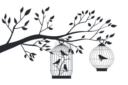 Illustration for Bird cage hanging on tree. Exotic birds in in metal cages silhouettes, decorative birds cage on tree, finch, budgie and canary in tree cage flat vector silhouette illustration - Royalty Free Image