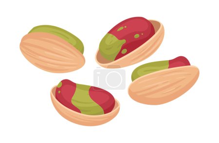 Illustration for Delicious pistachios heap. Cartoon raw pistachio nuts in shell, tasty nuts snack flat vector illustration. Organic pistachio handful on white - Royalty Free Image