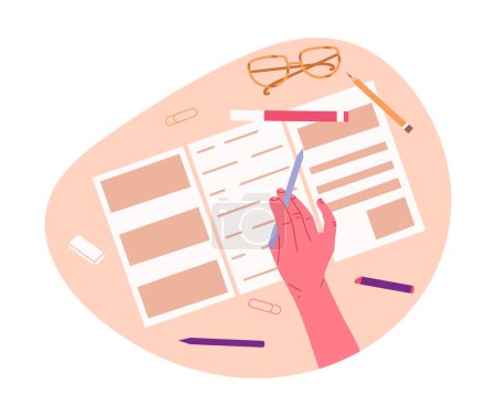 Hand holding pen. Writing human hand filling diary, writing or taking notes flat vector illustrations. Female hand filling paper
