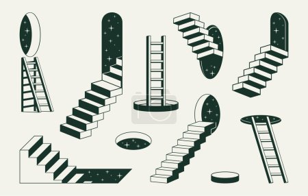 Ilustración de Escaleras surrealistas monocromas. Escaleras abstractas geométricas, escaleras de diseño mínimo conjunto de ilustración vectorial plana. Esquema colección de elementos de escalera - Imagen libre de derechos