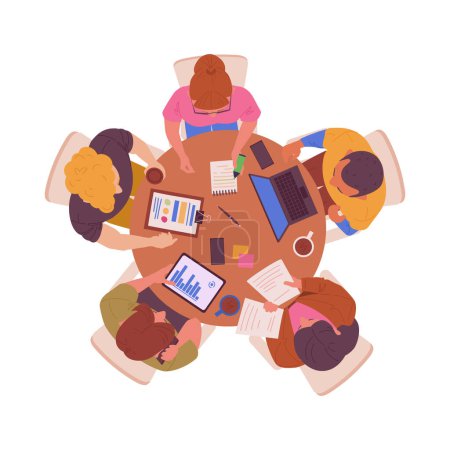 Illustration for People at table view from above. Men and women working top view, characters work sitting around wooden desk flat vector illustration. Teamwork or brainstorming scene - Royalty Free Image