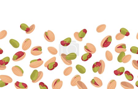 Illustration for Falling pistachio nuts border. Cartoon pistachios pattern, salty popping nuts snack flat vector background illustration. Flying pistachio nuts on white - Royalty Free Image