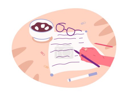 Writing human hand. Hand holding pen, person writing, filling diary or taking notes flat vector illustration. Cartoon female hand filling paper