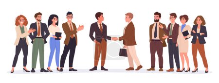 Illustration for Office people shaking hands. Businessmen shaking hands surrounded by applauding colleagues, business deal or agreement flat vector illustration. Business people handshake - Royalty Free Image