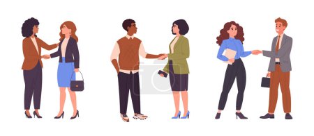 Illustration for Business deal or agreement handshake. Office workers shaking hands, male and female characters handshake surrounded by applauding team flat vector illustration. Business partners handshake - Royalty Free Image