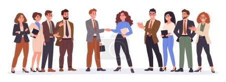 Illustration for Businessmen shaking hands. Two business people shaking hands surrounded by greeting colleagues flat vector illustration. Business partnership scene - Royalty Free Image