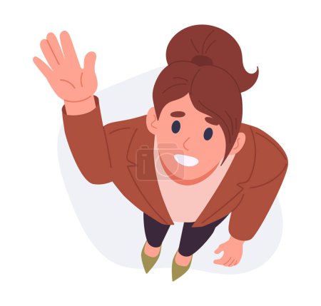 Illustration for Cartoon woman waving hand top view. Female character look upwards, girl saw something in sky, looking up view from above flat vector illustration. Lady staring up - Royalty Free Image