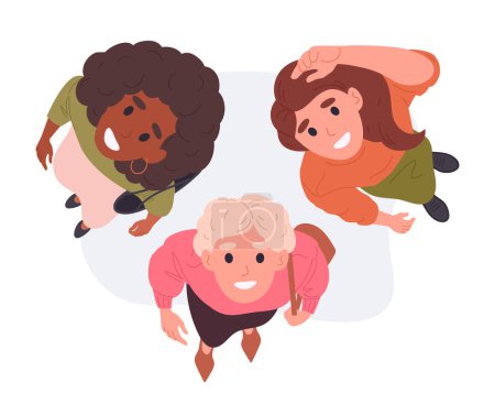 Cartoon women top view. Female characters look upwards view from above, girls saw something in sky, ladies looking up flat vector illustration set. People staring up scene