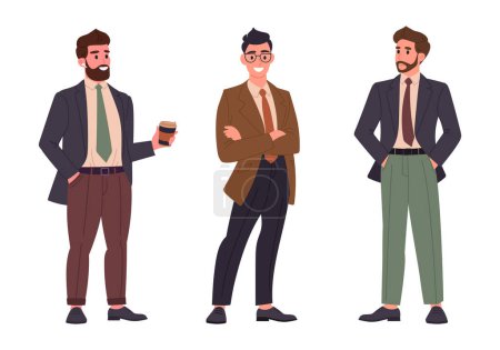 Illustration for Male business people. Busy office characters wearing business suits, standing office colleagues or business team members flat vector illustration set. Cartoon businessmen group - Royalty Free Image