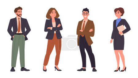 Illustration for Office colleagues. Cartoon business people, busy characters wearing formal business clothes, business team members flat vector illustration set. Professional characters team - Royalty Free Image