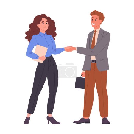 Illustration for Office colleagues shaking hands. Business deal handshake, male and female business people handshake flat vector illustration. Business deal handshake scene - Royalty Free Image