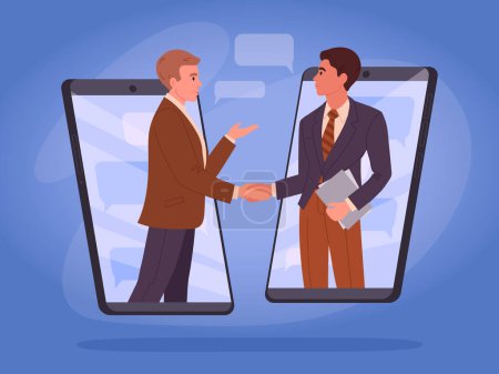Illustration for Online business agreement. Two businessman handshake on gadgets screen, online call or video conference agreement flat vector illustration. Teammates or customers business deal - Royalty Free Image