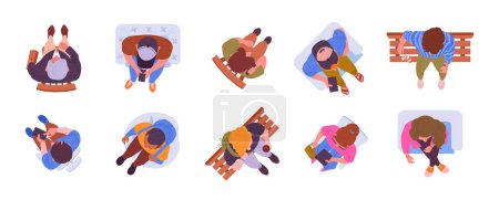 Illustration for People sitting view from above. Sitting characters top view, men and women resting on chairs, armchairs or bench flat vector illustration set. Cartoon sitting people top view - Royalty Free Image