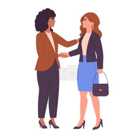 Illustration for Business women shaking hands. Office characters handshake, busy ladies agreement or greeting gesture, business handshake scene flat vector illustration. Female colleagues shaking hands - Royalty Free Image