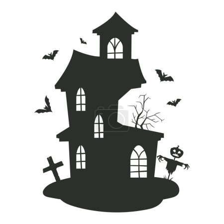 Téléchargez les illustrations : Maison hantée d'Halloween. Silhouette de maison fantôme effrayant, maison d'horreur avec des fantômes illustration vectorielle plate. Monstres effrayants maison hantée - en licence libre de droit