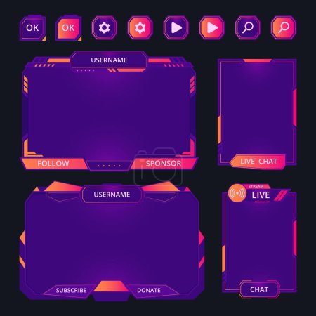 Illustration for Gaming interface elements. Game streaming frames, buttons and bars, futuristic game stream dashboard icons flat vector illustration set. Mmo game menu elements - Royalty Free Image