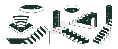 Ilustración de Escaleras surrealistas monocromáticas. Escaleras geométricas abstractas, escaleras de contorno mínimo conjunto de ilustración vectorial plana. Colección escaleras surrealistas - Imagen libre de derechos