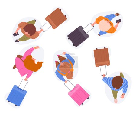 Illustration for People with luggage top view. Walking tourists characters, diverse people with suitcase on wheels view from above, walking travelers flat vector illustration set. Men and women rushing top view - Royalty Free Image