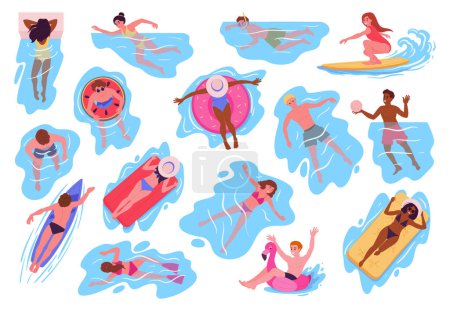 Téléchargez les illustrations : Les gens nagent dans l'océan ou la piscine. Vacances d'été en mer, personnages flottant sur des anneaux gonflables, jeu d'illustration vectoriel plat de plongée et de natation. Dessins animés personnes jouant dans l'eau - en licence libre de droit