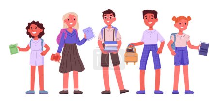 Illustration for School children. Elementary school students with school books and backpacks, happy students flat vector illustration set. Classmates standing together - Royalty Free Image