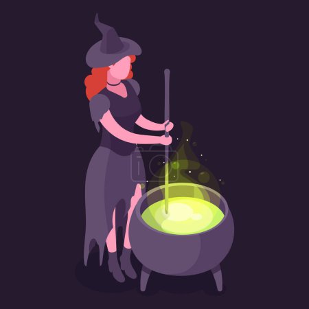 Téléchargez les illustrations : La sorcière prépare de la potion. Magicien de sorcellerie isométrique personnage, rousse sorcière brasse potion dans chaudron illustration vectorielle 3d - en licence libre de droit