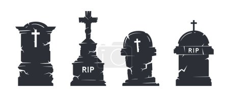 Illustration for Cemetery creepy gravestones. Halloween tombstones with crosses, horror halloween grave stones silhouettes flat vector illustration set. Cartoon spooky gravestones - Royalty Free Image