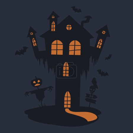 Téléchargez les illustrations : Maison de dessin animé avec fantômes. Halloween silhouette de maison hantée, fantôme fantôme fantôme maison plat vecteur illustration de fond. Monstres effrayants maison hantée - en licence libre de droit