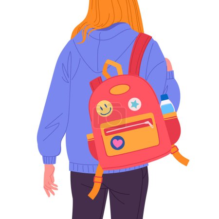 Ilustración de Chica con mochila. Estudiante que lleva la vista trasera de la mochila, mujer joven que usa la ilustración plana del vector del bolso de la escuela. Adolescente chica con mochila vista trasera - Imagen libre de derechos