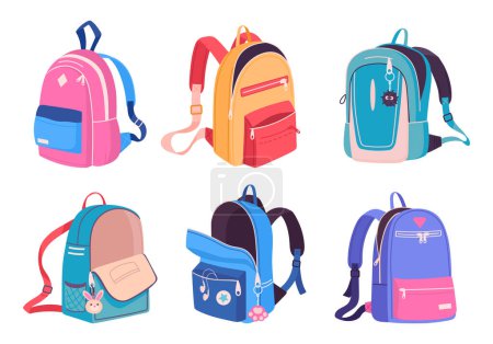 Illustration for Cartoon school backpacks. Empty school bags, colorful open and close textile backpacks flat vector illustration set. School, sport or travel bags collection - Royalty Free Image