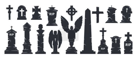Illustration for Halloween tombstones silhouettes. Cemetery creepy gravestones, crosses, obelisk and statues, horror halloween grave stones flat cartoon vector illustration set. Cartoon gravestones - Royalty Free Image