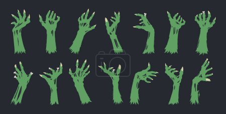 Illustration for Halloween zombie arms. Monsters bony green hands, spooky living dead creepy scrawny hands flat vector illustration set. Horror zombie hands - Royalty Free Image