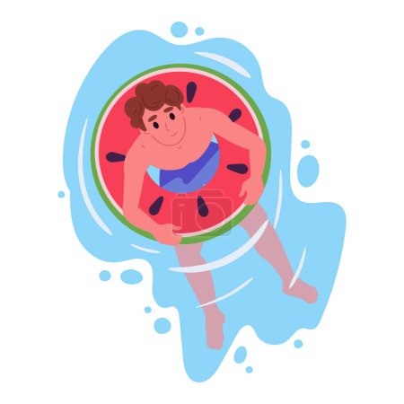 Téléchargez les illustrations : Un homme flottant sur une bague en caoutchouc. Guy nageant et se relaxant sur jouet gonflable dans la piscine illustration vectorielle plate. Dessin animé personnage masculin relaxant dans la piscine - en licence libre de droit