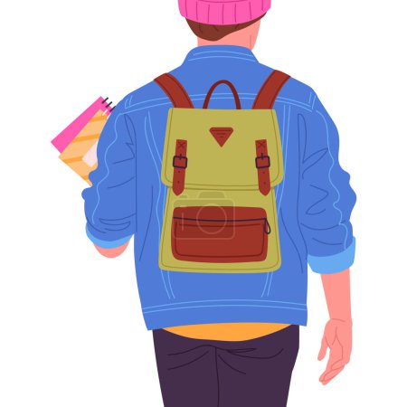 Ilustración de Estudiante masculino con mochila. Tipo con bolso de la escuela, estudiante masculino que lleva la mochila de nuevo ver ilustración vector plano. Joven con vista a la mochila desde atrás - Imagen libre de derechos