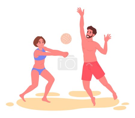 Téléchargez les illustrations : Des gens qui jouent sur la plage. Homme et femme jouent au beach-volley, personnages faisant du beach-sport loisirs illustration vectorielle plate. Joueurs de volley-ball dessin animé sur une plage de sable fin - en licence libre de droit