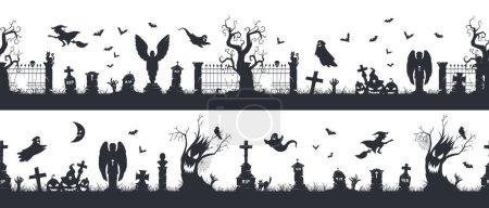 Illustration for Spooky halloween seamless borders. Halloween creepy cemetery decorations, spooky grave stones with crosses, scary trees and ghosts flat vector illustration set. Sinister landscape silhouettes - Royalty Free Image