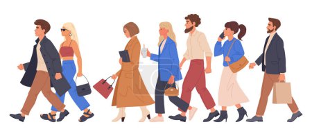 Ilustración de Grupo de caminantes. Hombres y mujeres caminando, yendo a la oficina o de compras, estudiante, hombre de negocios o turistas caminar conjunto de ilustración vector plano. Los peatones caminan juntos - Imagen libre de derechos