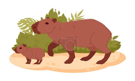 Téléchargez les illustrations : Dessin animé capybara avec bébé. Capybara maman et mignon petit bébé, mammifères herbivores sauvages dans l'habitat naturel illustration vectorielle plate. Animaux semi-aquatiques - en licence libre de droit