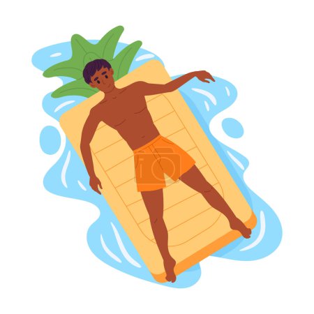 Téléchargez les illustrations : Homme flottant sur un matelas gonflable. Personnage masculin nageant sur un jouet gonflable en forme d'ananas dans la piscine ou l'illustration vectorielle plate de la mer. Guy relaxant sur matelas en caoutchouc ananas - en licence libre de droit