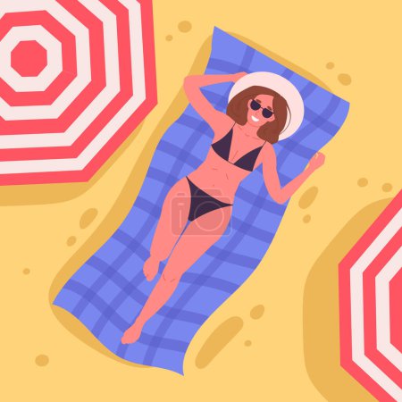 Illustration for Woman sunbathing on sandy beach. Girl in swimsuit relaxing under sun, beautiful lady on summer holiday vacation flat vector illustration. Female character on beach - Royalty Free Image